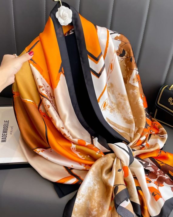 Exquisite ArtyClick Orange Printed Silk Scarf - Drape Pakistan