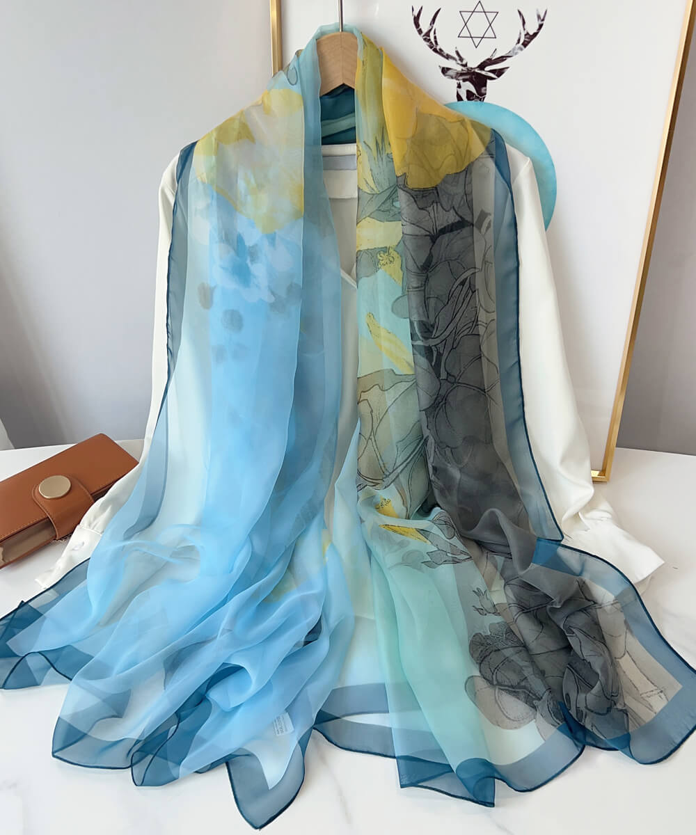 Exquisite Baby Blue Printed Chiffon Scarf - styled on model
