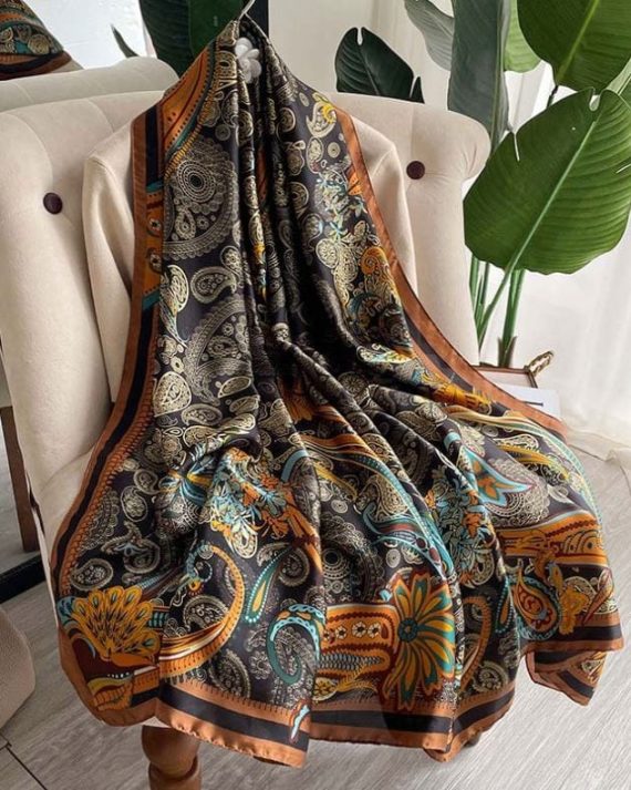 Exclusive Beaver Brown Printed Silk Scarf - Drape Pakistan