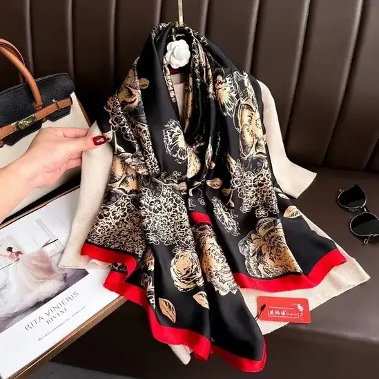 Exquisite Beige Roses Flowers Satin Red & Black Printed Silk Scarf - Drape Pakistan
