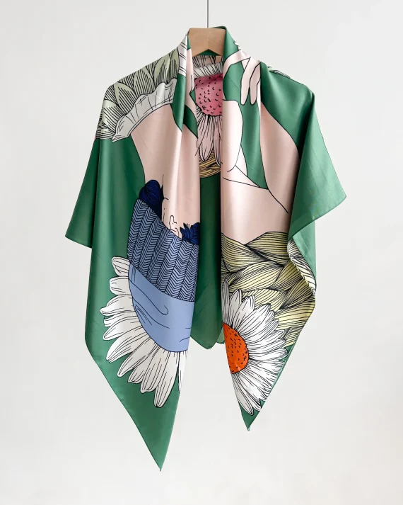 Chic Bimba Foulard Green Square Scarf 130x130 - Drape Pakistan