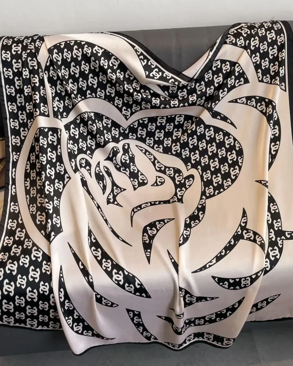 Signature Black Bay Printed Silk Scarf - Drape Pakistan