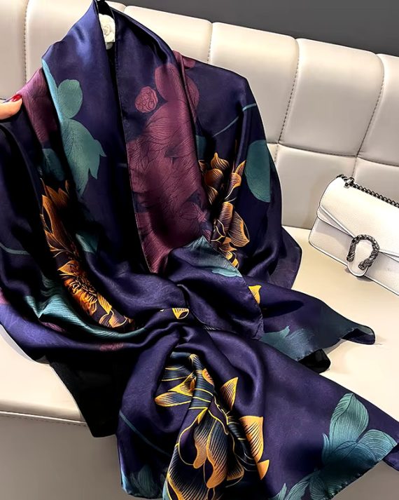 Elegant Blue Cherry Pie Printed Silk Scarf - Drape Pakistan