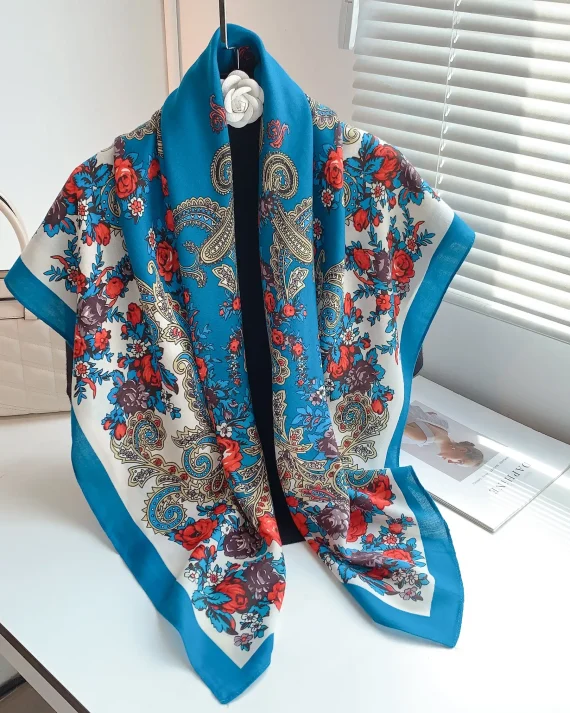 Signature Blue Petaline Square Scarf 110x110 - Drape Pakistan