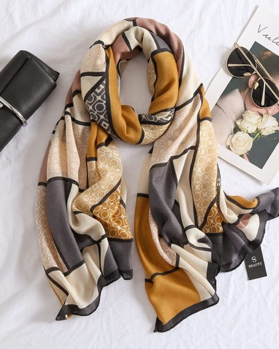 Graceful Bourbon Gold Printed Cotton Scarf - Drape Pakistan