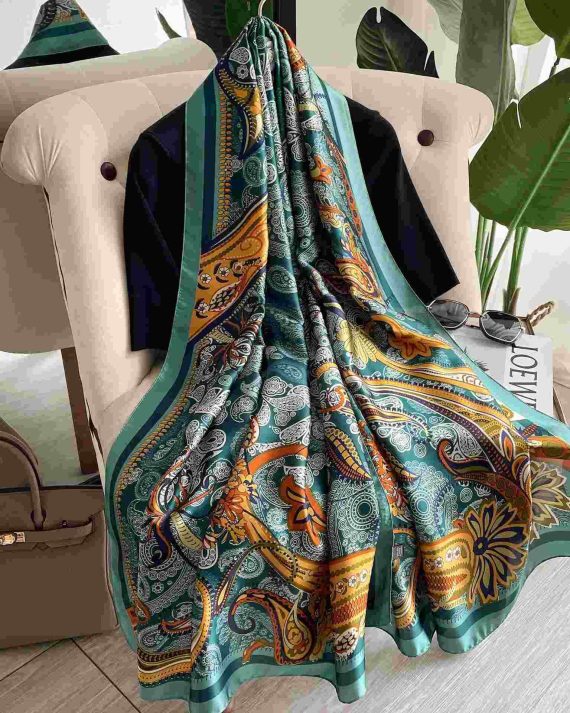 Luxury Burnham Green Printed Silk Scarf - Drape Pakistan