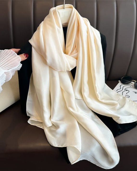 Signature Butter Cream Plain Satin Silk Scarf - Drape Pakistan