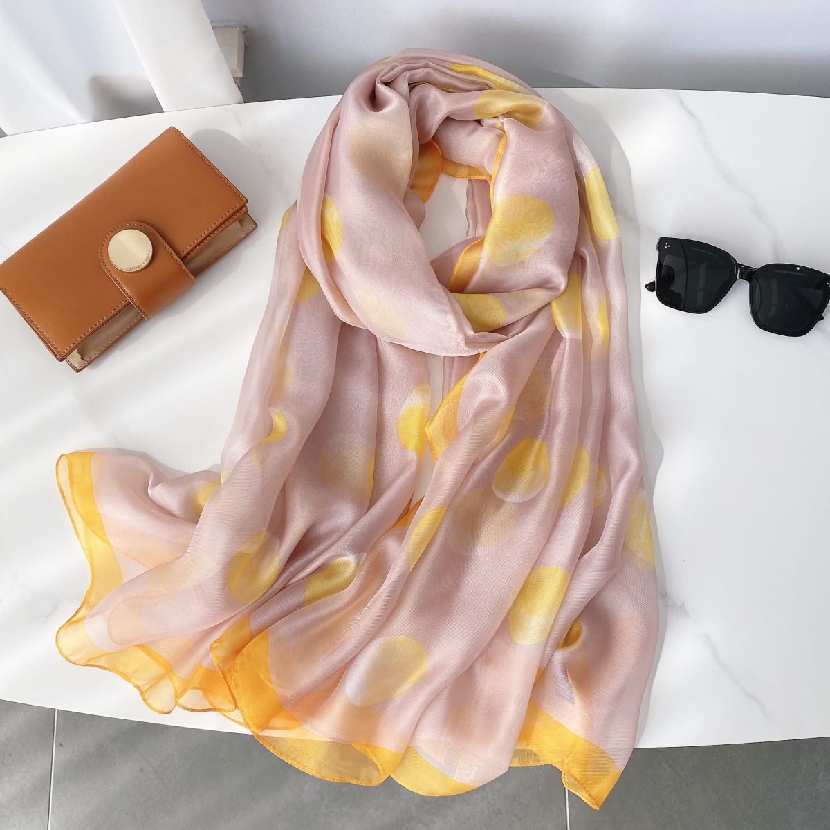 Timeless Cavern Pink Printed Chiffon Scarf - styled on model