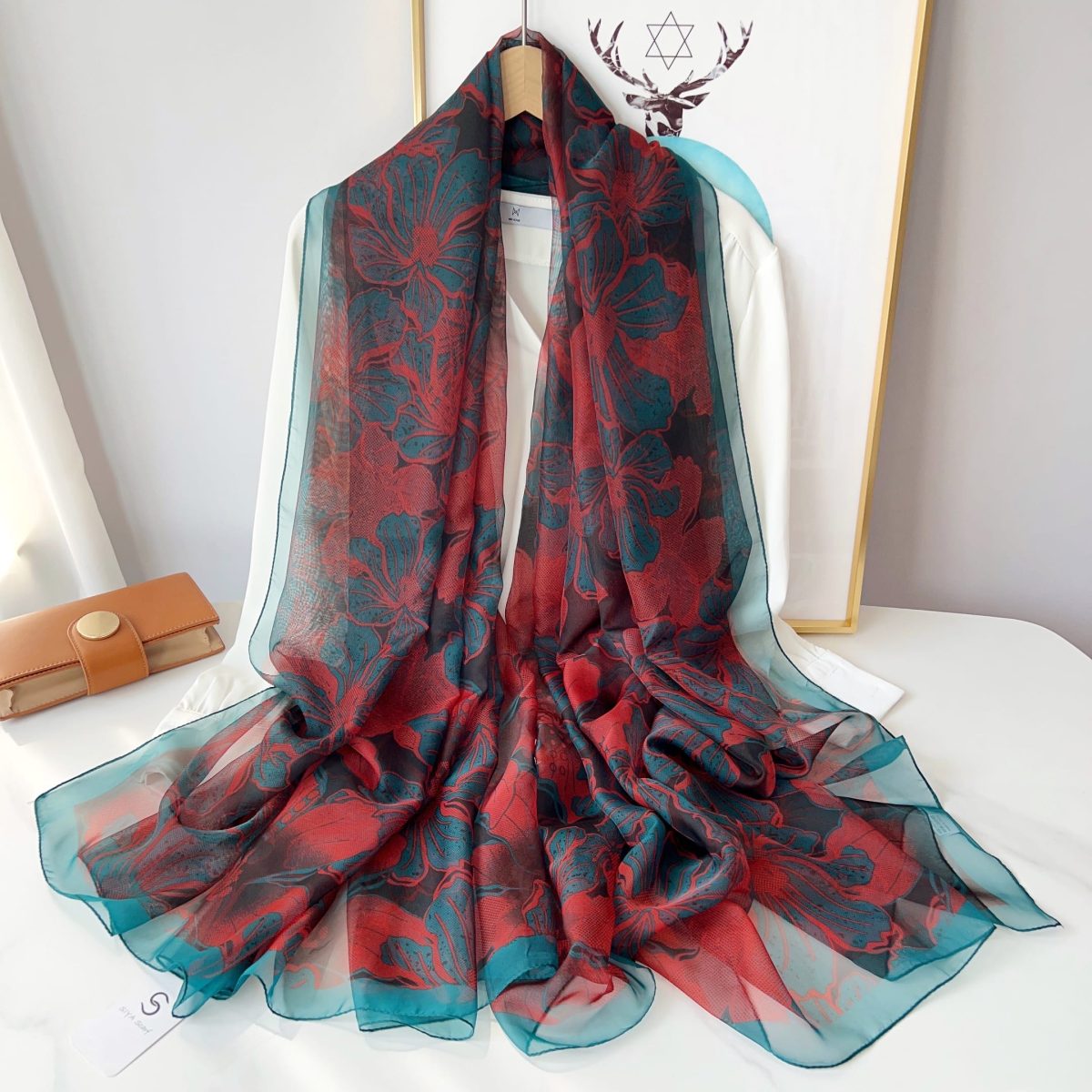 Exclusive Cherrywood Printed Chiffon Scarf - styled on model