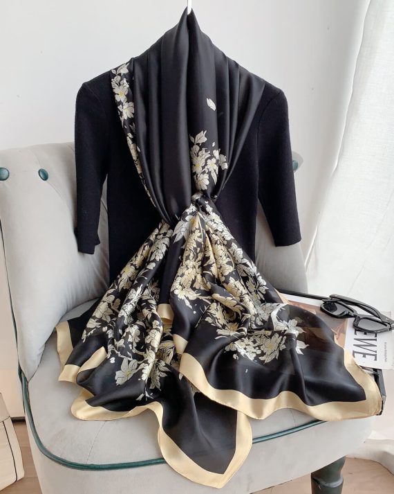 Luxury Cinder Black Printed Silk Scarf - Drape Pakistan