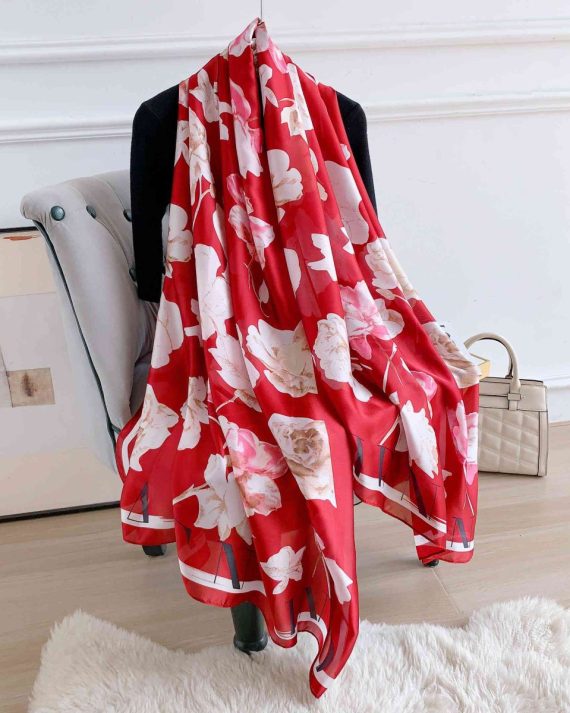 Opulent Cornell Red Printed Silk Scarf - Drape Pakistan