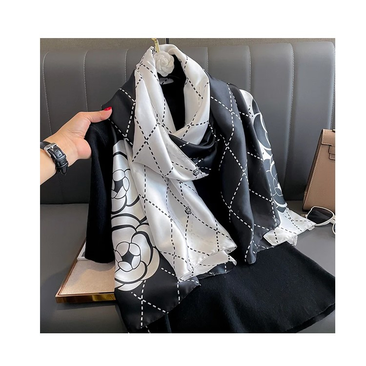 Premium Cynical Black Printed Silk Scarf - styled on model