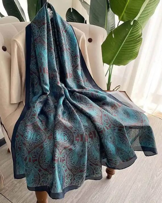 Exclusive Dark Aqua Printed Silk Scarf - Drape Pakistan