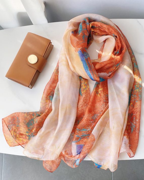 Graceful Dark Salmon Printed Chiffon Scarf - Drape Pakistan
