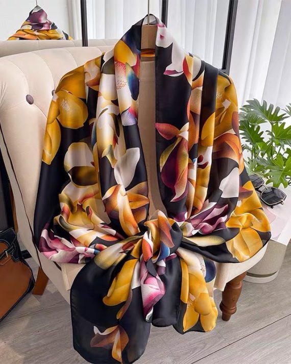 Luxe Dark Tulip Tree Printed Silk Scarf - Drape Pakistan