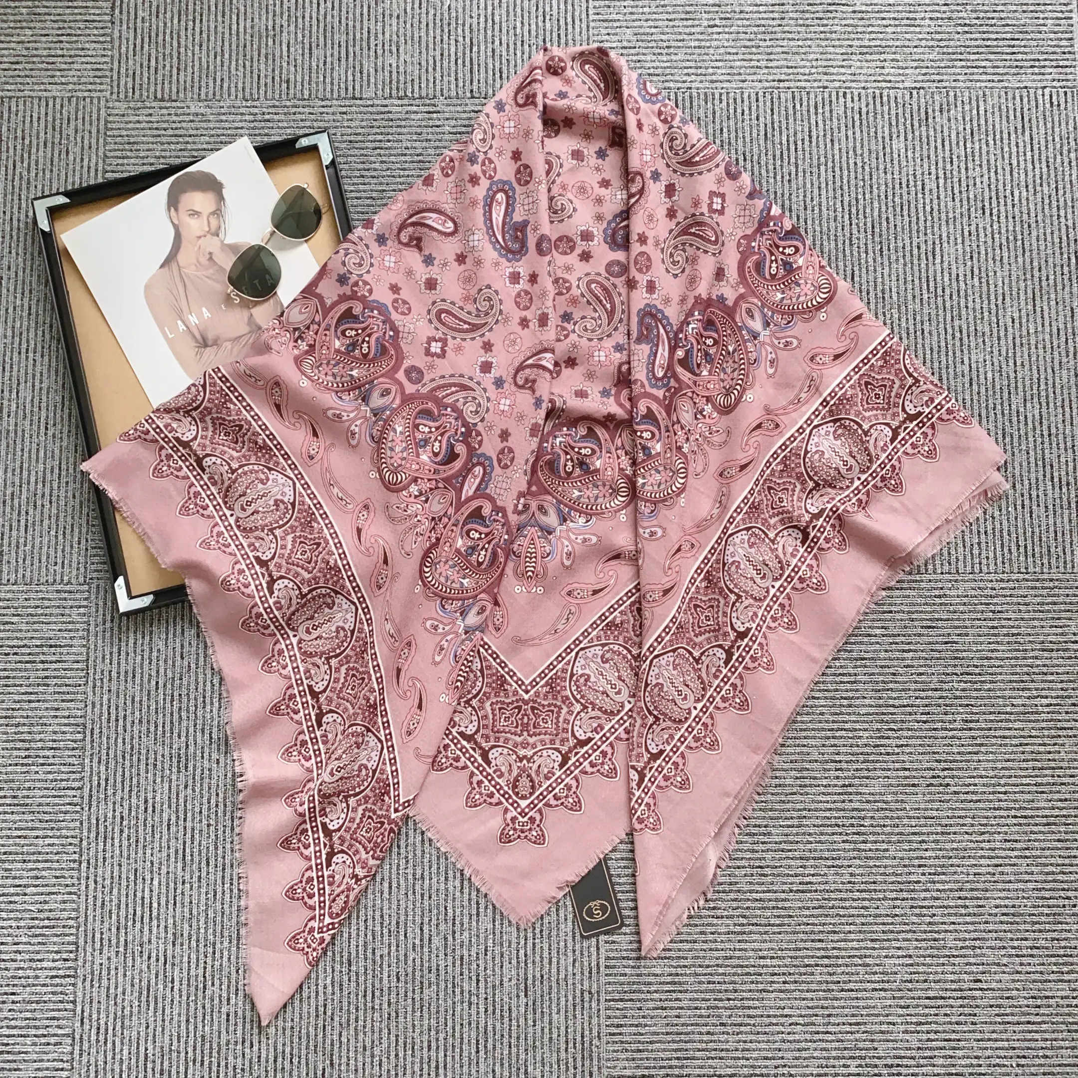 Majestic Dazy Pink Square Scarf 130x130 - styled on model