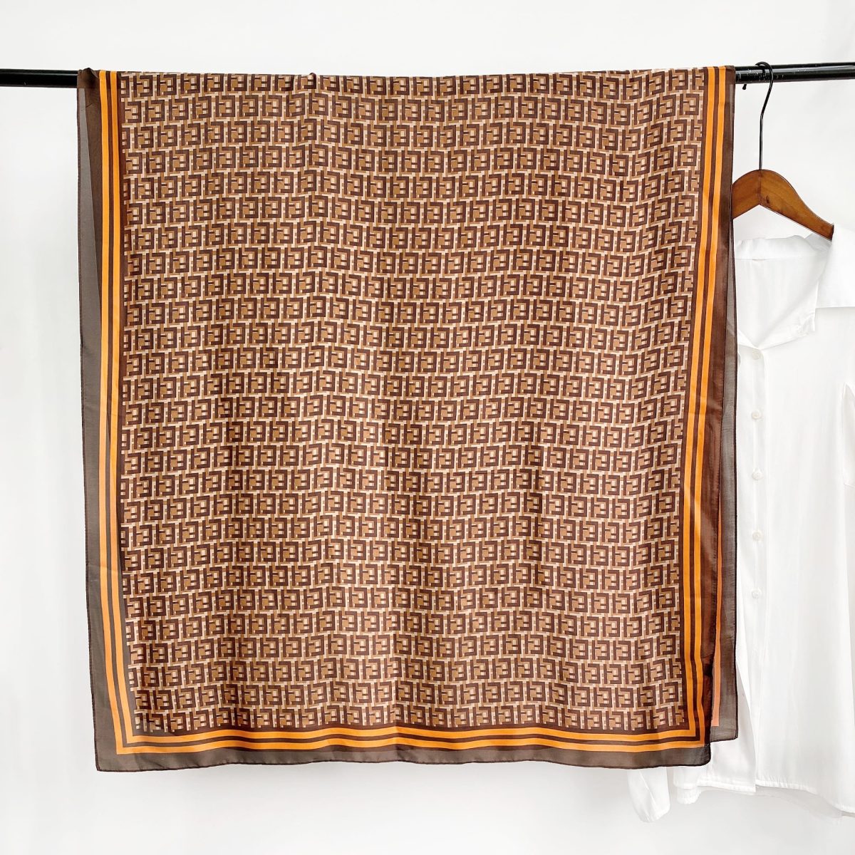 Classic Deep Oak Printed Silk Scarf - styled on model