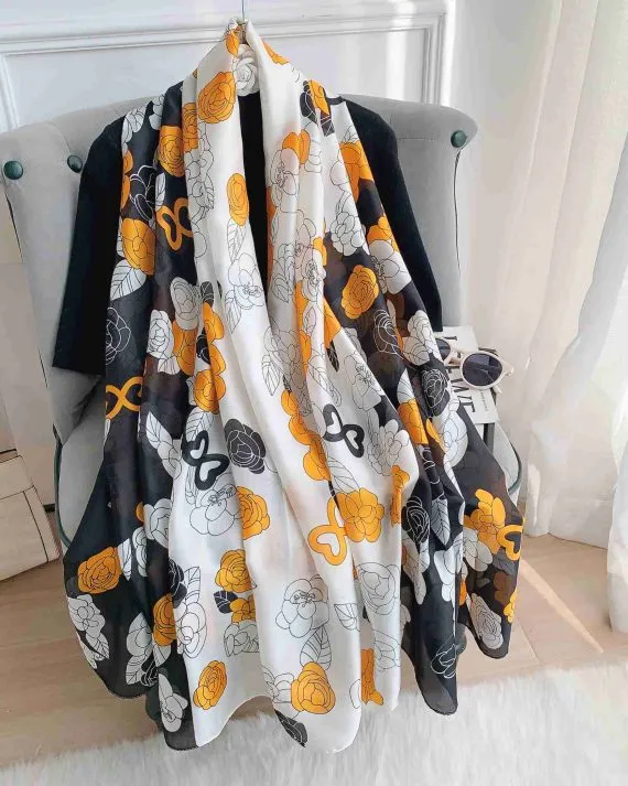 Majestic Deep Saffron Printed Silk Scarf - Drape Pakistan