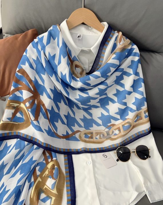 Luxe Dianne Blue Printed Cotton Scarf - Drape Pakistan