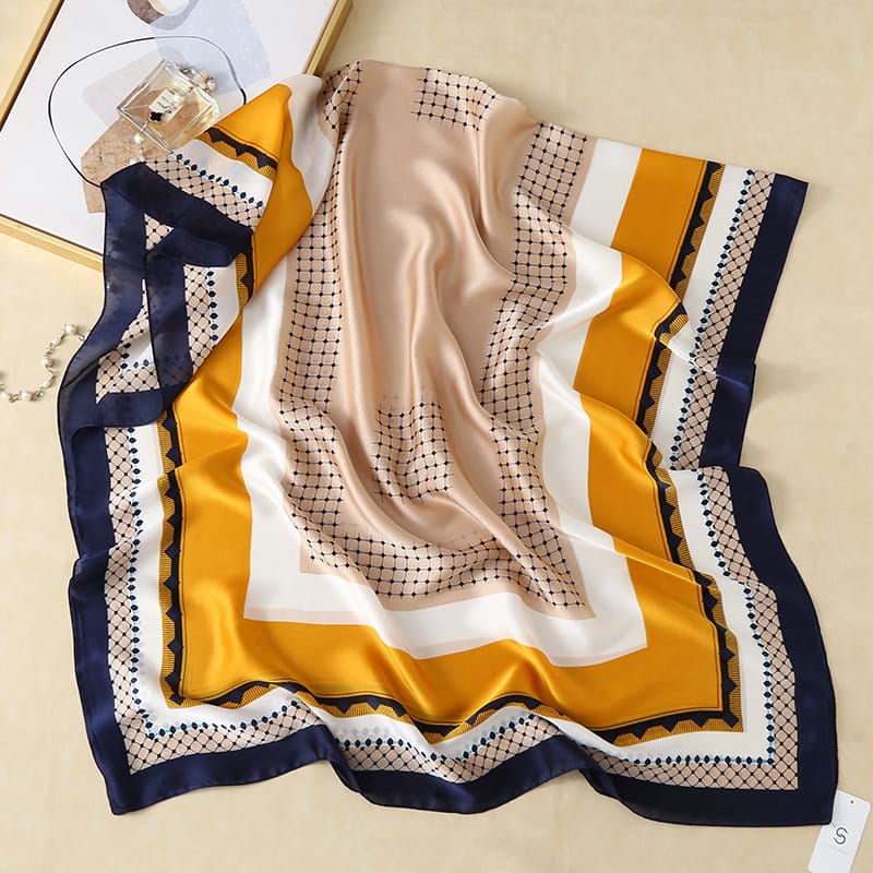 Premium Dixie Yellow Printed Silk Scarf - styled on model