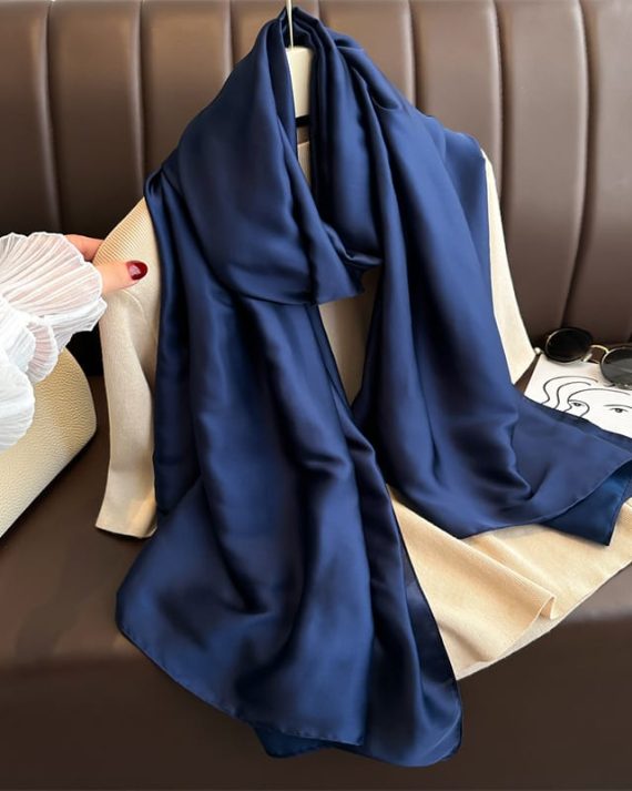 Luxe Ebony Blue Plain Satin Silk Scarf - Drape Pakistan
