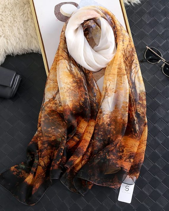 Premium Fall Leaf Turmeric Printed Chiffon Scarf - Drape Pakistan