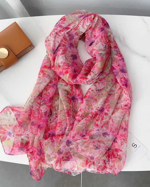 Radiant Floral Pink Slate Printed Chiffon Scarf - Drape Pakistan