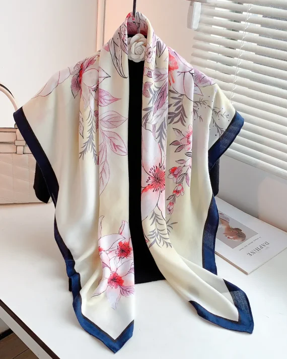 Exquisite Flowery Cream Square Scarf 110x110 - Drape Pakistan