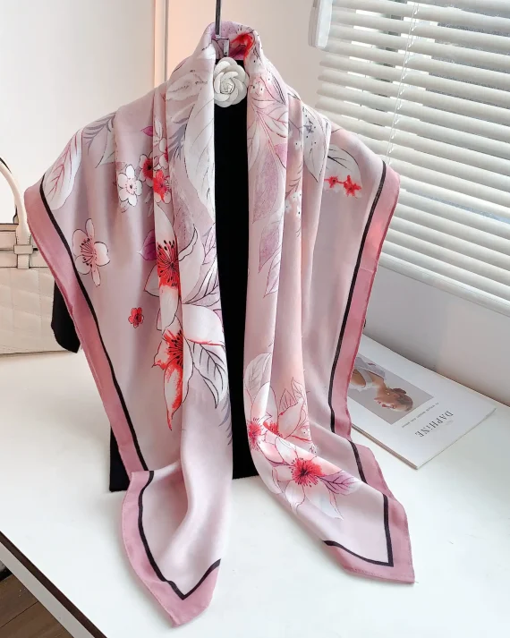 Opulent Flower Pink Square Scarf 110x110 - Drape Pakistan