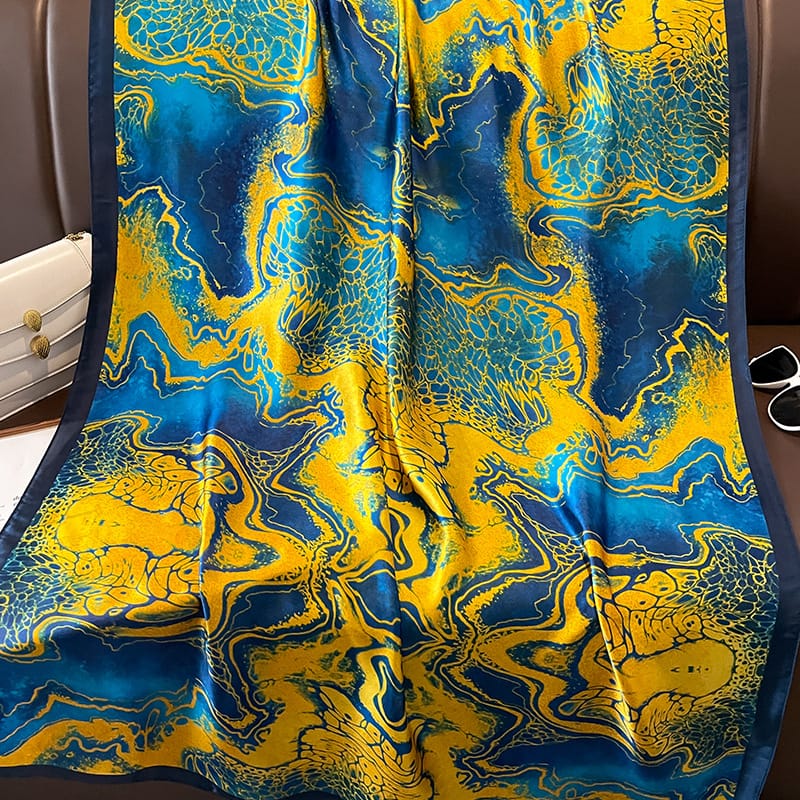 Signature Forest Blues Printed Silk Scarf - folded detail