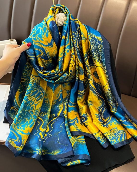 Signature Forest Blues Printed Silk Scarf - Drape Pakistan