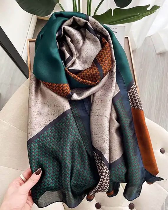 Opulent Gable Green Printed Silk Scarf - Drape Pakistan
