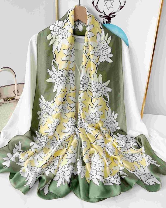 Luxury Greenish Yellow Printed Silk Scarf - Drape Pakistan