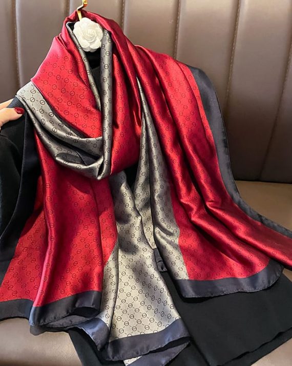 Graceful Greyish Red Printed Silk Scarf - Drape Pakistan
