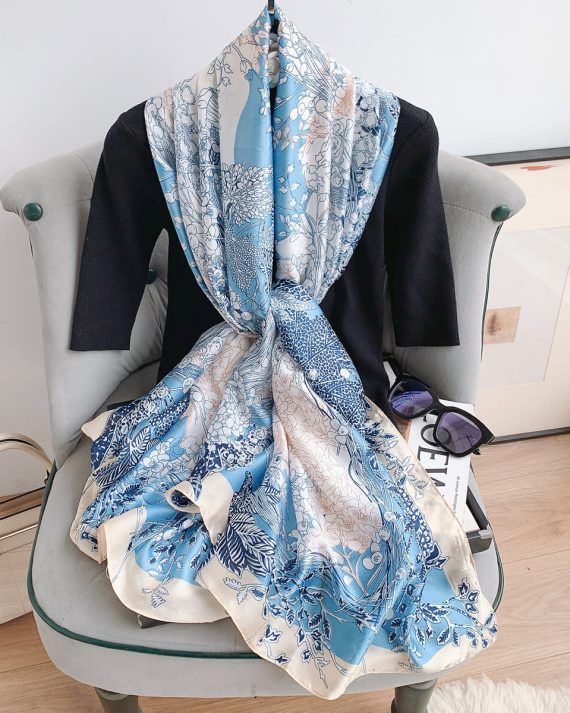 Opulent Light Blue Grey Printed Silk Scarf - Drape Pakistan