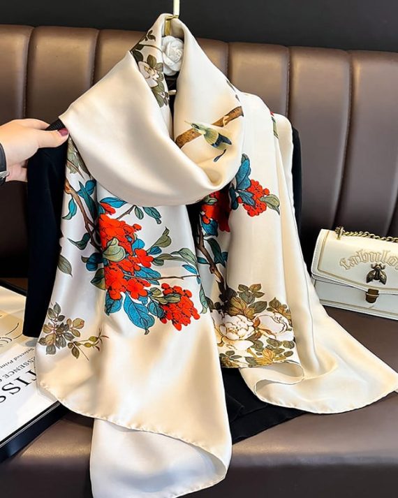 Sophisticated Lily White Printed Silk Scarf - Drape Pakistan