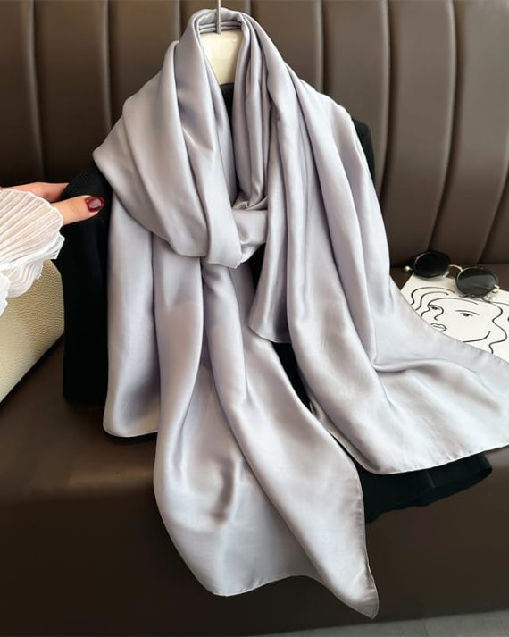 Timeless Martini Silver Plain Satin Silk Scarf - Drape Pakistan