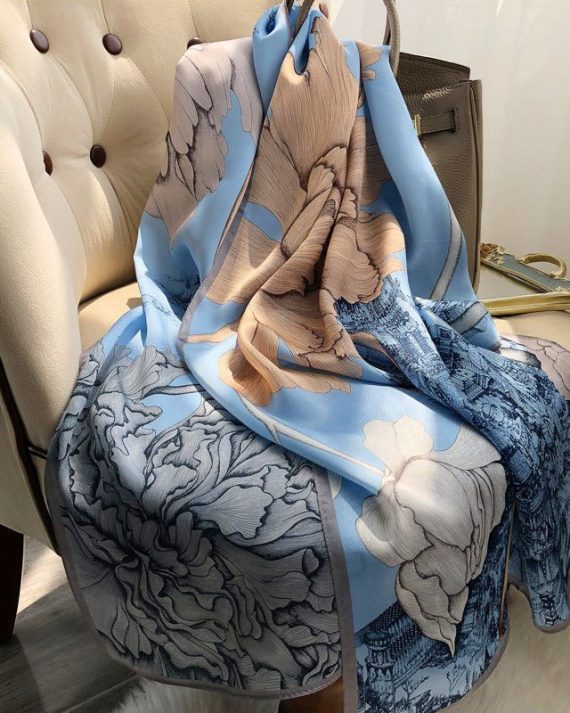Classic Moonstone Sky Blue Printed Silk Scarf - Drape Pakistan
