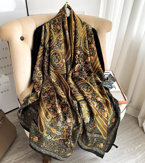 Premium Muesli Brown Printed Silk Scarf - Drape Pakistan