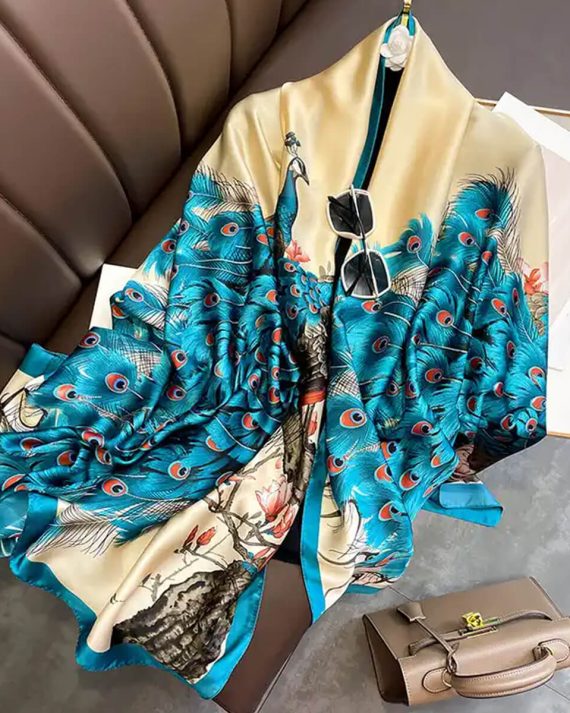 Signature Pacific Blue Printed Silk Scarf - Drape Pakistan