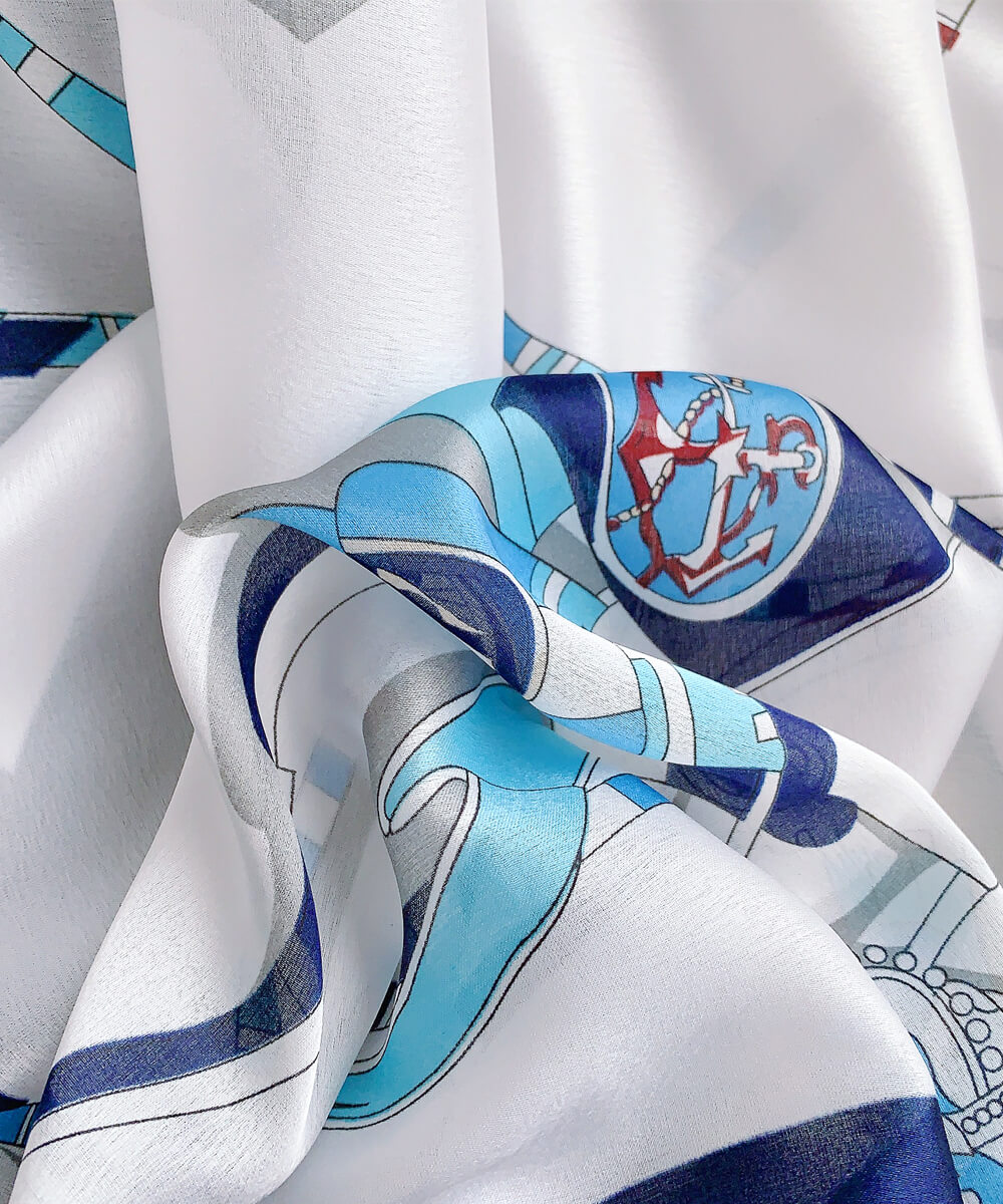 Sophisticated Pale Aqua Printed Silk Scarf - styled on model