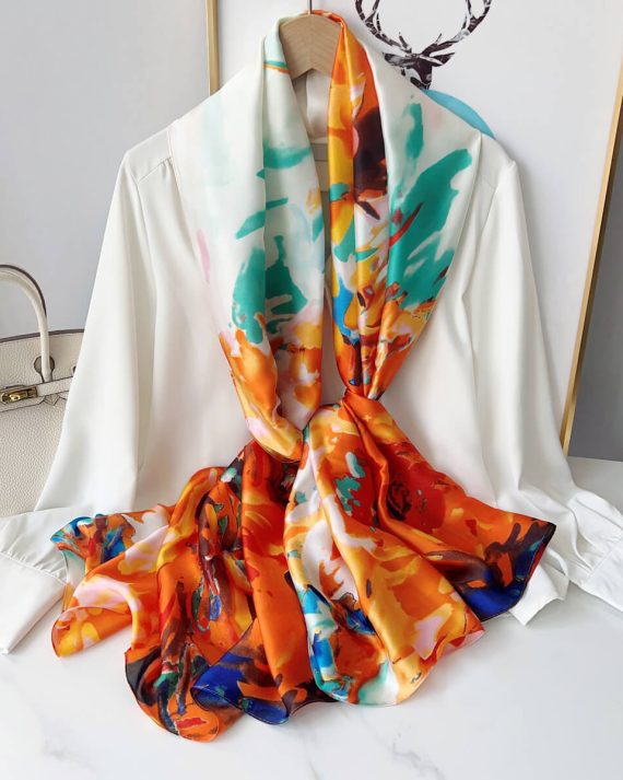 Opulent Papaya Orange Printed Silk Scarf - Drape Pakistan