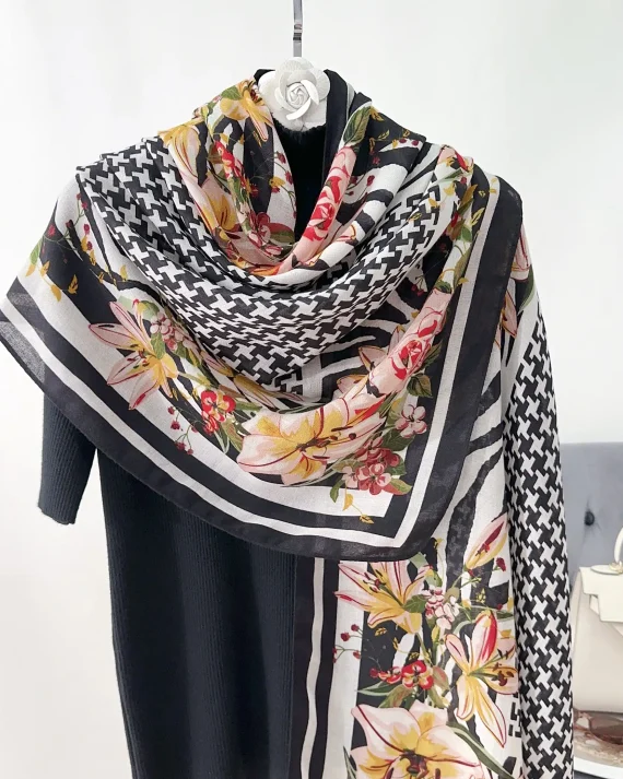 Majestic Pastel Black Printed Cotton Scarf - Drape Pakistan