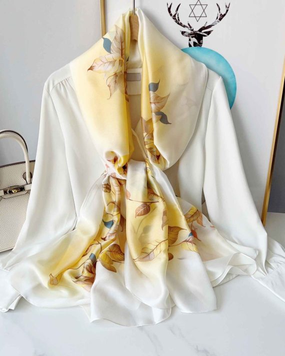 Premium Peach Yellow Printed Silk Scarf - Drape Pakistan