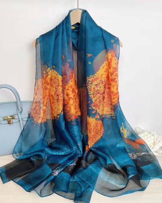 Opulent Peacock Blue Printed Chiffon Scarf - Drape Pakistan
