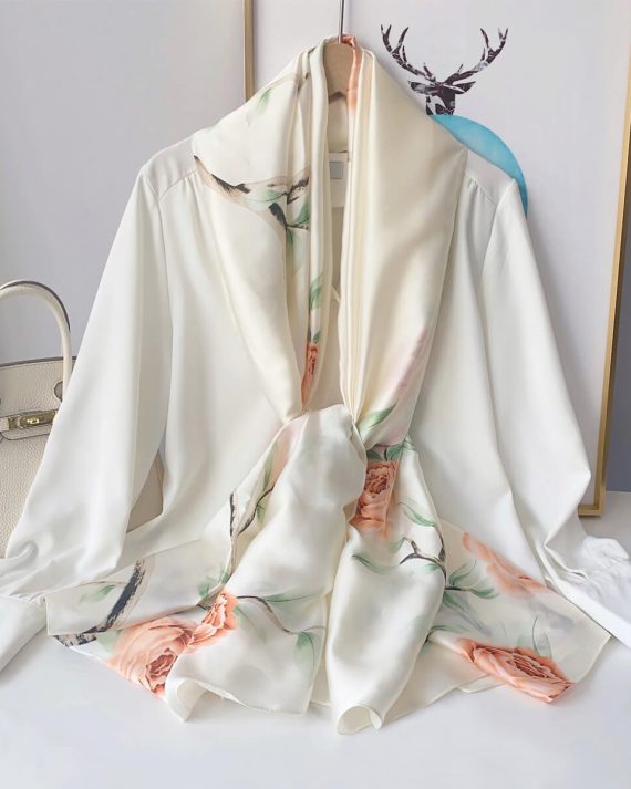 Signature Pearl White Printed Silk Scarf - Drape Pakistan