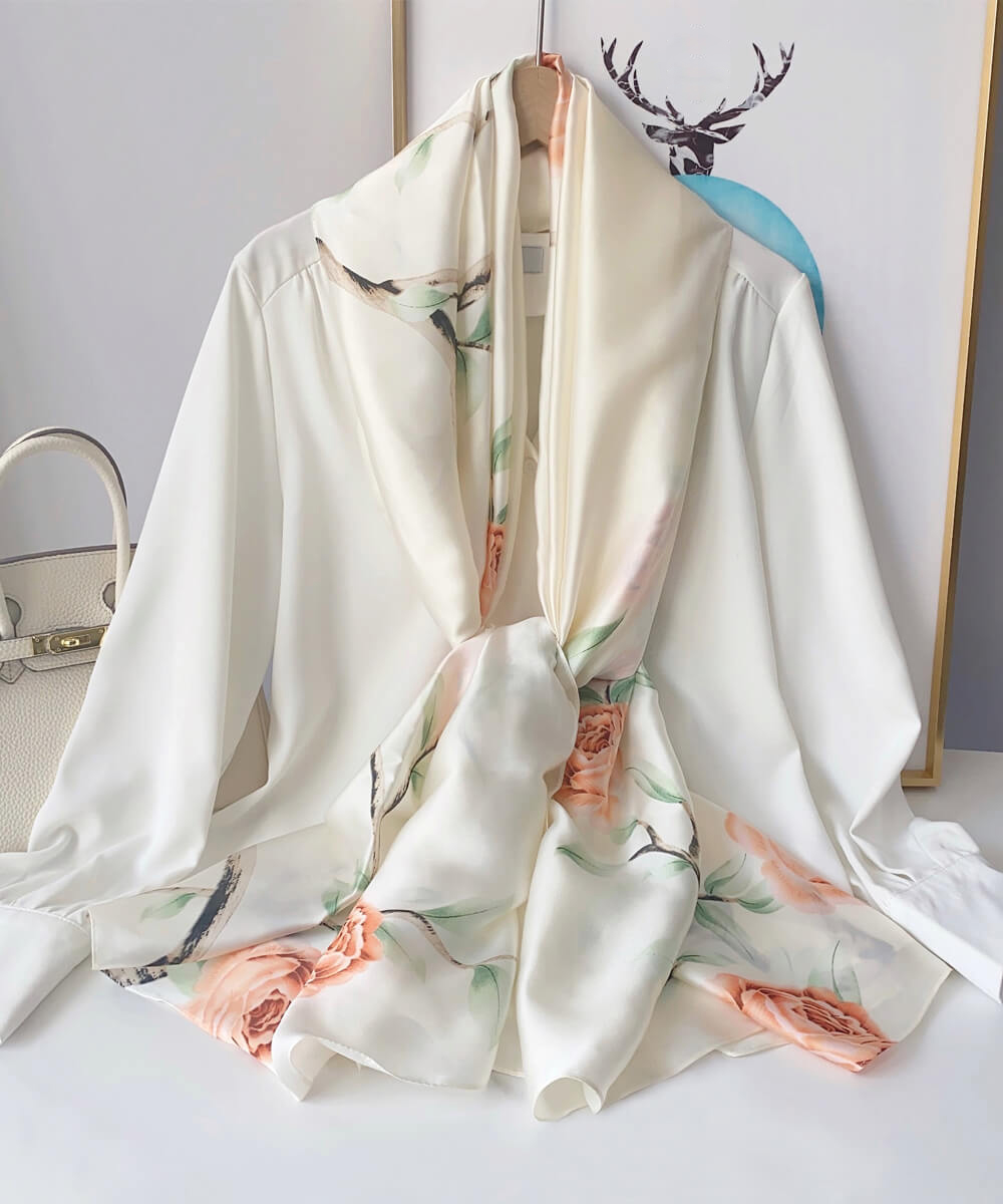 Signature Pearl White Printed Silk Scarf - Drape Pakistan