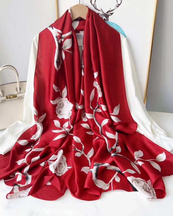 Majestic Persian Red Printed Silk Scarf - Drape Pakistan