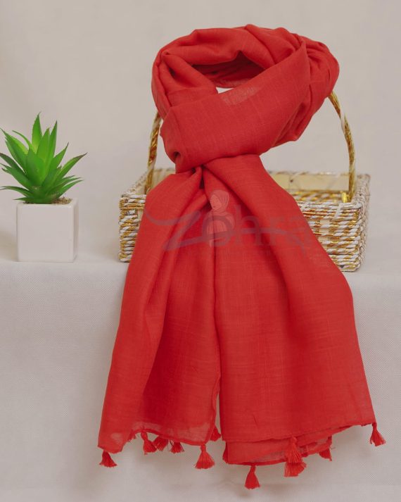 Chic Plain with Tassels Dark Pastel Red Tasselled Lawn Stole - Drape Pakistan