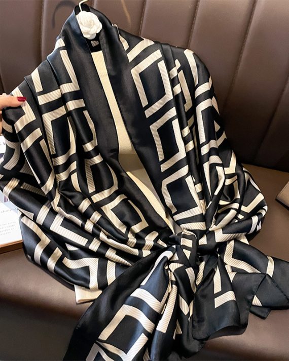 Elegant Pot Black Printed Silk Scarf - Drape Pakistan